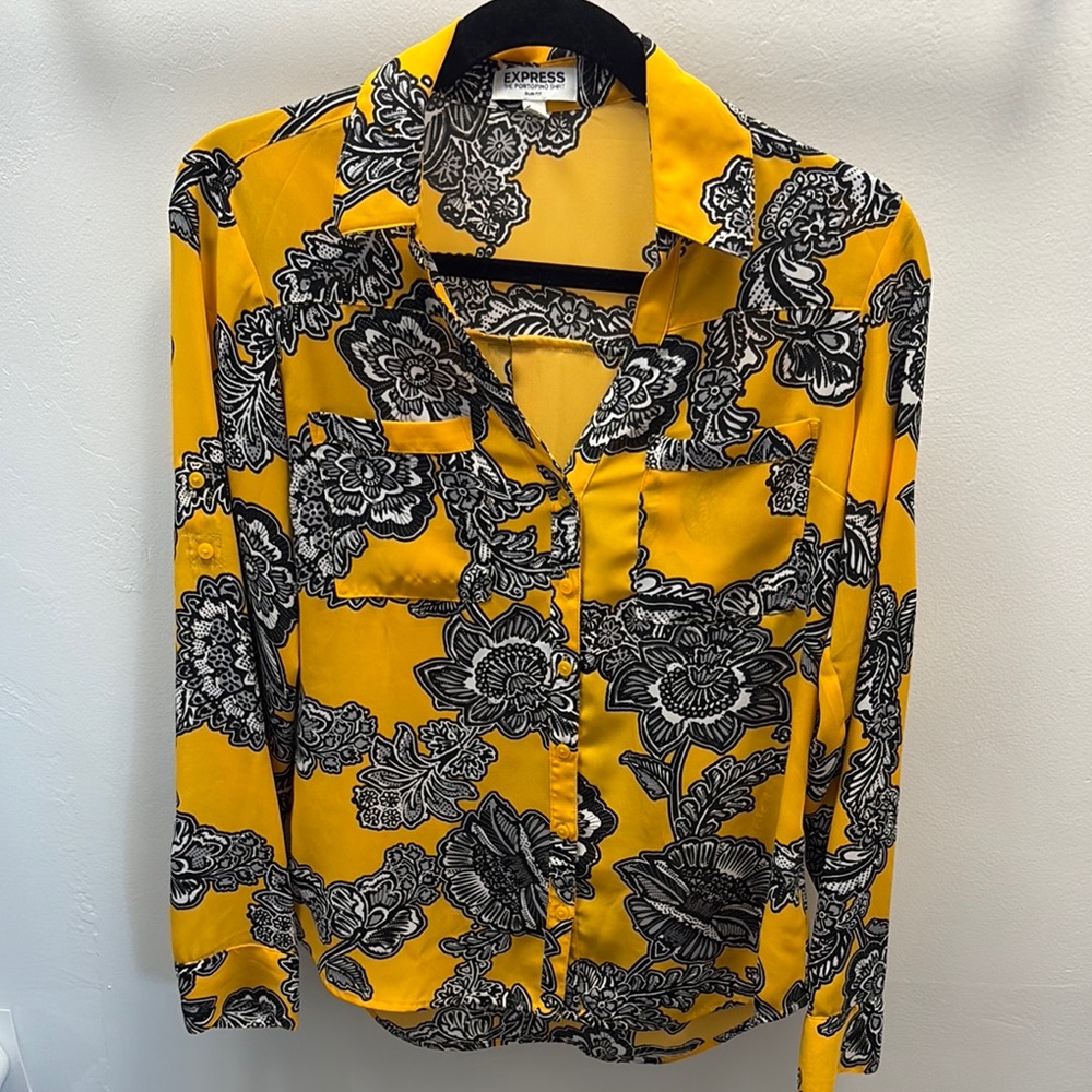 Express Vibrant Golden Blouse with Black Floral Design